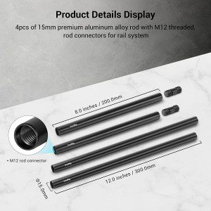 SMALLRIG 15Mm Rods Pack with M12 Thread Rod Cap Connectors Aluminum Alloy Rods Combination for for Rig Mattebox Follow Focus 15Mm Rod System – 1659