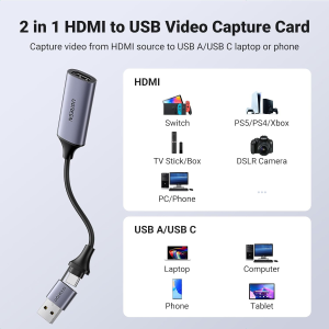 UGREEN Video Capture Card 4K HDMI to USB-A/USB-C HDMI Capture Card Full HD 1080P HDMI to USB 2.0 Capture Video and Audio Recording for Gaming, Streaming, Teaching, Video Conference, Live Broadcasting