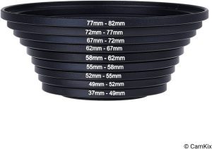 Step up Lens Filter Adapter Rings – Set of 9 – Allows You to Fit Larger Size Lens Filters on a Lens with a Smaller Diameter – Sizes: 37-49, 49-52, 52-55, 55-58, 58-62, 62-67, 67-72, 72-77, 77-82 Mm