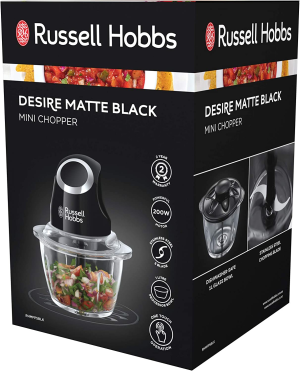 Russell Hobbs RHMFP5BLK, Desire Mini Chopper, Stainless Steel S Blade, One Touch Operation, 1L Dishwasher Safe Glass Bowl, Matte Black