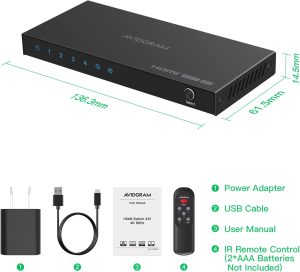 HDMI Switch 4K 60Hz, AVIDGRAM HDMI 2.0 Switcher 4 in 1 Out, 4 Port HDMI Selector Box with IR Remote Control Support HDCP 2.2 HDR10 3D 18Gbps, Compatible with Xbox, PS4, HDTV, Monitor