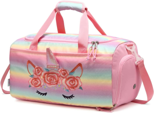 Duffle Bag for Girls,Vaschy Cute Large Travel Bag for Kids Toddler Children Overnight Duffel Ballet Dance Sport Carry on Weekender Bag with Shoes Compartment Dry Wet Pocket Pink Dinosaur