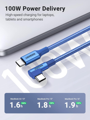 UGREEN USB C to USB C Cable Right Angle, 100W Type C PD Charging Cord for Iphone 15 Pro Max, Macbook Pro, Ipad Pro 2022, Matebook, Chromebook, Pixel 7, Samsung S23 S22, Dell XPS, Switch (2M, Blue)