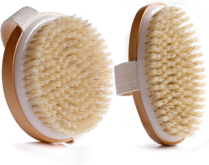 2-Pack Body Brush, Dry Wet Body Scrub Brush Set for Women Men Cleansing Exfoliating Cellulite Lymphatic Drainage, Natural Wood Sturdy Hand Massager 2 Sizes Round-10.5X10.5Cm Oval-13X6.5Cm