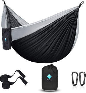 Hammock Camping Portable Single Hammocks for Outdoor Hiking Travel Backpacking – 210D Nylon Tree Tent Swing Beds for Backyard & Garden Hammock 55”W108”L (Black/Gray)