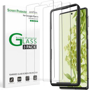 (3 Pack) Amfilm Tempered Glass Screen Protector for Google Pixel 6, 0.26Mm Thickness HD Clear, Anti-Scratch Bubbles-Free