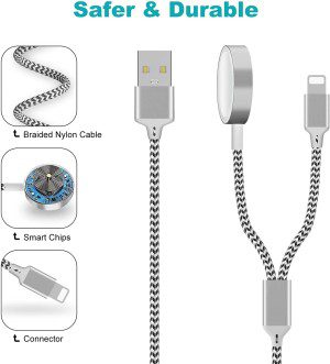 Watch Charger Cable 2 in 1 Smartwatch Charging Docks, Nylon Braided Watch Charger Cable Compatible for All Watch Series 8/SE/7/6/5/4/3/2/1, for Phone 14/13/12/11/Pro/Max/Xr/Xs/Xs Max/X, for Pad 2/3/4