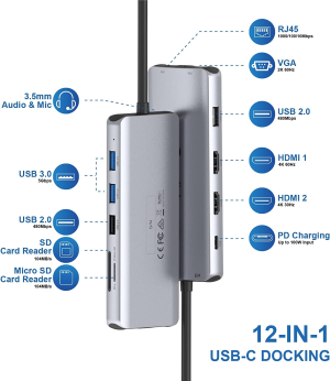 WAVLINK 12-In-1 USB C Hub/ Docking Station, Triple Display Type-C Adapter with 2X 4K HDMI and 1X 2K VGA Port, 100W PD3.0 Charging, Ethernet, Microsd and SD Card Reader, Audio Jack and 2 USB 3.0 & 2 USB2.0 Ports, for Windows/Mac and More