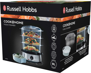 Russell Hobbs Cook@Home 9L Food Steamer, RHSTM3, 800W, 3 Tiers with 9L Total Capacity, Built-In Timer, Stackable Bpa-Free Steaming Baskets for Easy Storage, Stainless Steel Base – Silver