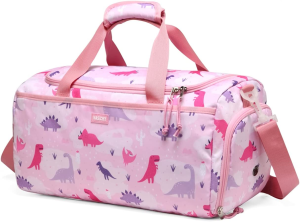 Duffle Bag for Girls,Vaschy Cute Large Travel Bag for Kids Toddler Children Overnight Duffel Ballet Dance Sport Carry on Weekender Bag with Shoes Compartment Dry Wet Pocket Pink Dinosaur