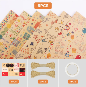 Simpeak 6PCS Wrapping Paper for Birthday, 70 ∗ 50 Cm Wrapping Paper for Children with 20M Kraft Paper Rope, Double-Sided Adhesive Tape and Sticker