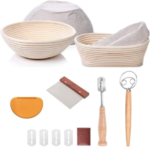 Bread Proofing Basket Set of 2 round and Oval, Banneton Proofing Basket + Danish Dough Whisk + Bread Scoring Lame + Stainless Steel Dough Scraper + Flexible Scraper, Sourdough Tools Kit, Baking Gifts