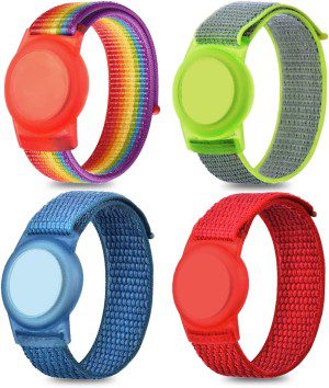 (4 Pack) Kiewhay Bracelet Band for Airtag, Nylon Wristband Band GPS Tracker Holder Protective Case Compatible with Apple Air Tag, Anti-Lost Colorful Breathable Strap Loop for Child,Toddler,Kids