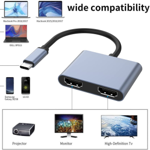 HARIBOL USB C to Dual HDMI Adapter, 2-In-1 Triple Display Dual HDMI USB C Hub, USB Type C to 2 HDMI Adapter 4K Compatible with Macbook Pro/Air, Chromebook Pixel, HP and More