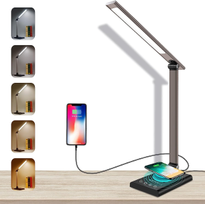 LED Desk Lamp 12W with Fast Wireless Charger & USB Charging Port, Led Desk Light with 35 Dimmable Adjustable Lighting, 40Min/1Hr Timer, Eye-Caring Bedside Lamp for Home Office, Reading, Study