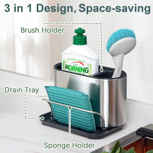 Sponge Holder Silver Kitchen Sink Caddy Sponge Holder with Drain Tray, Dish Brush Holder, Kitchen Sink Countertop Organizer for Dish Brush, Sponge, Scouring Pad