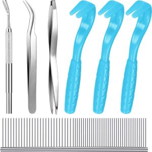 Tick Removal Tool Tick Picker Flea Removal Tool Pet Supplies Tick Hook Removal Tool Kit, Remove Ticks for Dogs, Cats，Include 3 Pieces Plastic Removers, 3 Pieces Stainless Steel Tweezers with Comb