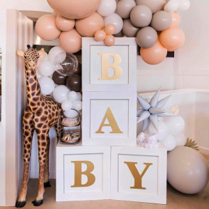 Baby Shower Boxes Party Decorations – 4Pcs Stereoscopic White Baby Balloon Boxes with Gold Baby+A-Z Letters, Party Boxes Baby Blocks for Boys Girls Baby Shower Decorations Gender Reveal Birthday Party