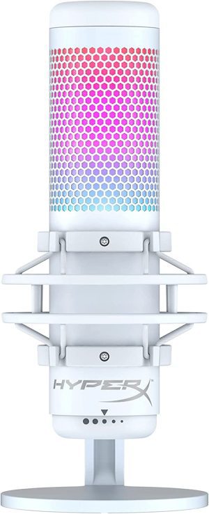 Hyperx Quadcast S – RGB USB Condenser Microphone for PC, PS5, Mac, Anti-Vibration Shock Mount, 4 Polar Patterns, Pop Filter, Gain Control, Gaming, Streaming, Podcasts – White