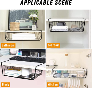 Under Shelf Storage Basket Cabinet Wire Organizer Fit Dual Hooks Kitchen Black 2 Pcs