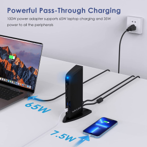 WAVLINK USB 3.0/USB C Hub Triple Display 4K with 100W Charging, Universal Docking Station for Laptop, 2Xhdmi, 1Xvga, 4Xusb 3.0, 2Xusb C, Gigabit Ethernet, Audio/Mic, Vertical Dock, Black