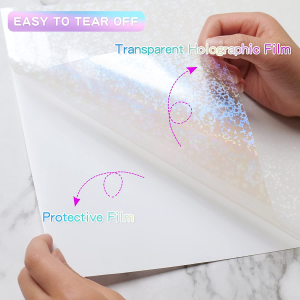 Holographic Sticker Paper, 24 Sheets Transparent Holographic Vinyl Overlay Lamination Sheets, Clear Self Adhesive Laminate Sticker Film for Stickers DIY Crafts, Heart Patterns – 8.5X11 Inch