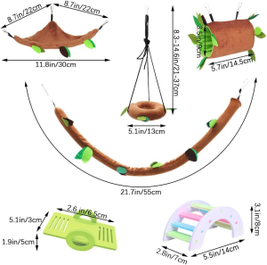 LZYMSZ 7PCS Hamster Hanging Warm Bed, Rat Hanging Bed House Forest Pattern Cage Toy Small Animals Cage Nest Accessories, Hamster Hammock Tunnel Swing Set for Parrot Ferret Squirrel Hamster Playing