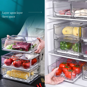 SYAMEET 2 Pack Clear Stackable Fridge Drawers,Pull Out Fridge Organiser Bins with Lids、Drain Tray and Drawer,Large Food Container Storage Box for Fruit & Vegetable Storage