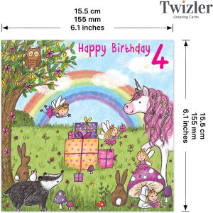 Twizler 4Th Birthday Card for Girl with Unicorn – Age 4 Birthday Card – Age 4 Card – Age 4 Girl Gifts – Childrens Birthday Card – Girls Birthday Card – Happy Birthday Card