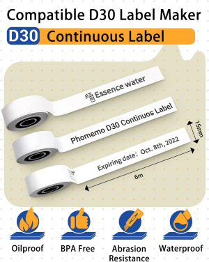 Phomemo D30 Continuous Adhesive Thermal Label Sticker Label 15Mmx6M, 3Roll, White, Waterproof, Oilproof, Used for Kitchen Marking, File Classification, Gift Label or DIY Label