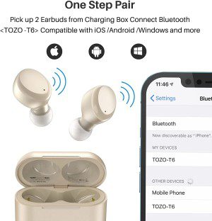 TOZO T6 True Wireless Earbuds Bluetooth 5.3 Headphones Touch Control with Wireless Charging Case IPX8 Waterproof Stereo Earphones In-Ear Built-In Mic Headset Premium Deep Bass Champagne