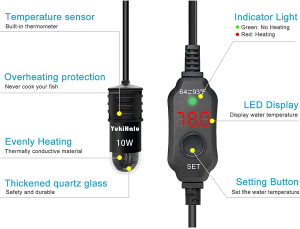 Yukihalu USB Powered Submersible Aquarium Heater, 10W/5V/2A Adapter, Mini Fish Tank Heater 10W with Built-In Thermometer, External Temperature Controller, LED Display, Used for 0.5-1 Gallon Tank (Without Adapter)