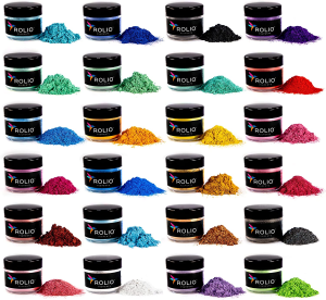 Rolio Mica Powder – 24 Colors X 10G/0.35Oz – Epoxy Resin Color Pigment Powder for Slime, Clear Nail Polish, Makeup, Epoxy Resin, Candle Making, Bath Bombs, Soap Colorant, Cosmetic Grade