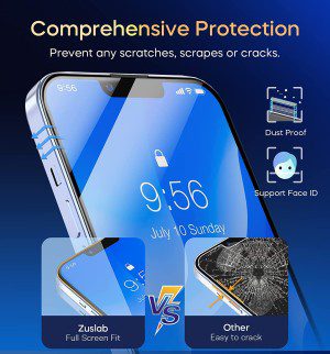 [2 Pack] ZUSLAB Iphone 14 / 13 Pro / 13 Screen Protector [Speaker Shield] [Dust Proof] [Bubble Free] [Anti-Fingerprint] [Full Coverage] Tempered Glass with Easy Auto-Align Install Kit Case Friendly for Apple