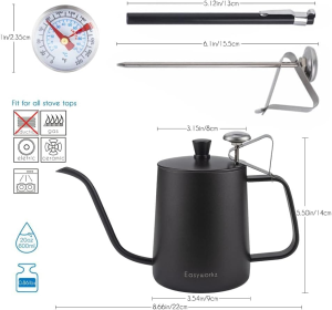 Easyworkz Gage Pour over Kettle Stainless Steel Gooseneck Long Narrow Drip Spout Coffee Tea Pot with Thermometer (600Ml)