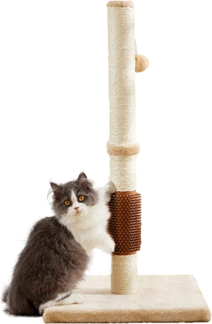 OMIPAWZ 32″ Cat Scratching Post,Sisal Rope Cat Scratcher with Self Groomer Brush, Tall Cat Claw Scratching Post with Hanging Ball (Brown)