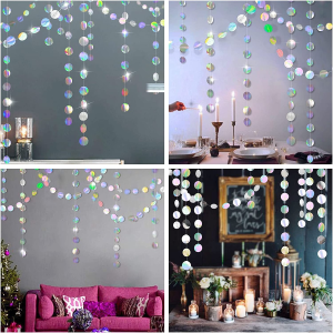 ZCOINS 3 Packs Holographic Sliver Metallic Tinsel Curtains, 3 Packs Iridescent Twinkle Circle Dot Garlands, Party Decorations for Birthday Wedding Backdrop for Disco Bachelorette Dancing Party Photos