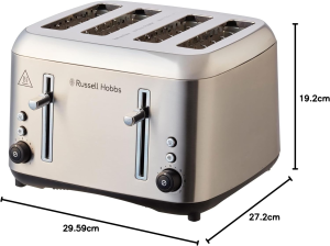 Russell Hobbs Addison 4 Slice Toaster, RHT514BRU, Dual Browning Controls, Defrost & Reheat, Wide Slots, Brushed Stainless Steel