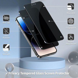 [2+2 Pack] Cnarery Privacy Screen Protector for Iphone 14 Pro with Alignment Frame, 2 Pack Full Coverage Privacy Tempered Glass Screen Protector and 2 Pack Camera Lens Protector[Easy Installation]