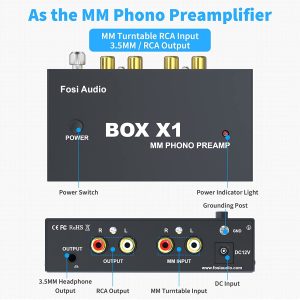 Fosi Audio Box X1 Phono Preamp for MM Turntable Mini Stereo Audio Hi-Fi Phonograph/Record Player Preamplifier with 3.5MM Headphone and RCA Output with Power Switch DC 12V Power Supply