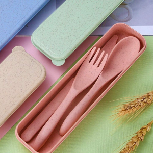 Travel Utensil Set with Case, 4 Sets Wheat Straw Reusable Spoon Chopstick Forks Tableware, Eco Friendly Non-Toxin BPA Free Portable Cutlery for Kids Adult Travel Picnic Camping or Daily Use