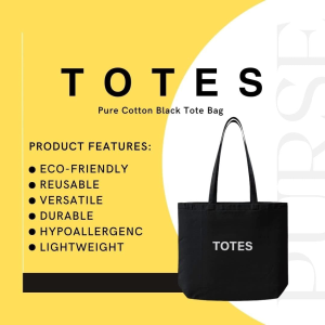 TOTES Pure Cotton Black Tote Bag| (50X43Cm) Eco-Friendly Foldable Shoulder Shopping Bags | Washable Reusable Cloth & Unisex Grocery Bags with (50Cm) Handles