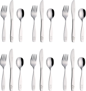 Exzact Childrens Cutlery Set 18Pcs Stainless Steel Kids Cutlery/Toddler Utensils/Flatware – 6 X Forks, 6 X Safe Dinner Knives, 6 X Dinner Spoons – Engraved Dog Cat Bunny