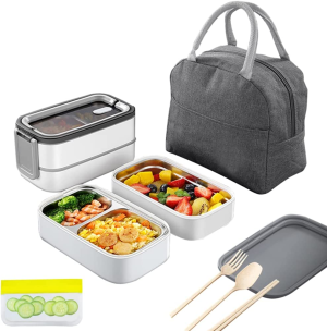 Kitment Bento Box, Stackable Lunch Boxes, 304 Stainless Steel Lunch Container for Adults Kids, Leakproof Dishwasher Microwave Safe, with Utensils Spoon, Fork, Chopsticks, Bag