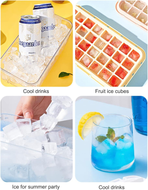 【1S Press to Release】 Ice Cube Tray with Lid and Storage Bin, 32-Tray Easy-Release Ice Cube Maker Flexible Silicone Ice Cube Mold for Freezer, Comes with Scoop and Press Plate