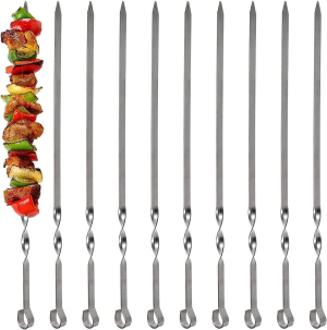 Barbecue Skewers, 10 PCS Flat Long Reusable Steel Metal Skewers for BBQ Grilling, Roasting (12″ Long)