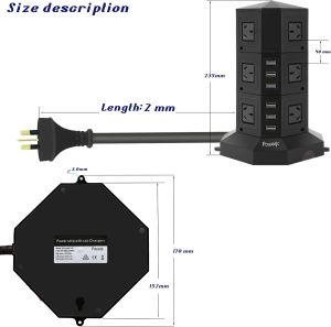 Tower Power Strip USB Surge Protector Socket 12 AC Outlets with 6 USB 2.4A Totals 6A Ports Chargers 2M Long Extension Cord SAA Certified Black-Powerjc…