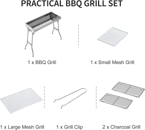 Charcoal BBQ Grill Set, Portable Stainless Steel Small Roaster Foldable Leg Outdoor Barbecue