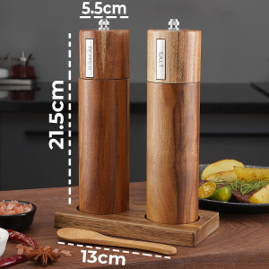 TEOM Wooden Salt and Pepper Grinder Set, Acacia Wood & Refillable Manual Herb Spice Grinder Mills with Wooden Tray and Spoon, Pepper Grinder Wooden Manual & Salt Shaker Mills Set, Kitchen Hand Grinder