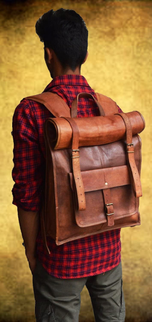 23″ Brown Leather Backpack Vintage Rucksack Laptop Bag Water Resistant Roll Top College Bookbag Comfortable Lightweight Travel Hiking/Picnic for Men